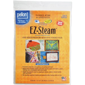 May include: Package of Pellon EZ-Steam fusible web, a one-sided pressure sensitive fusible web. The package is orange and white with a picture of a sewing machine and the text "Machine Safe". The package also includes the text "Great Value!" and "5 Sheets - 12" x 9" (30.48cm x 22.86cm)".