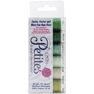 May include: A package of Cotton Petites embroidery thread in shades of green. The packaging includes text that reads "Easier, Faster and More Fun than Floss." Each spool contains 50 yards of 100% cotton thread.