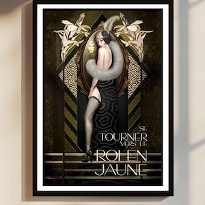 Ilustración original de un retrato de una joven flapper de los años 20. ¡Un misterioso póster artístico! («Vuelve hacia el Rey de Amarillo»)
