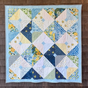 Yellow and Blue Floral Patchwork Throw Quilt