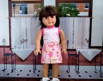 Pink cotton tennis skirt and a white tank top with deep pink trim for American Girl Size Doll.   A534