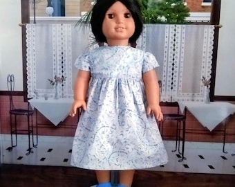 Light Blue Floral Print cotton dress for American Girl Size Doll.   11500