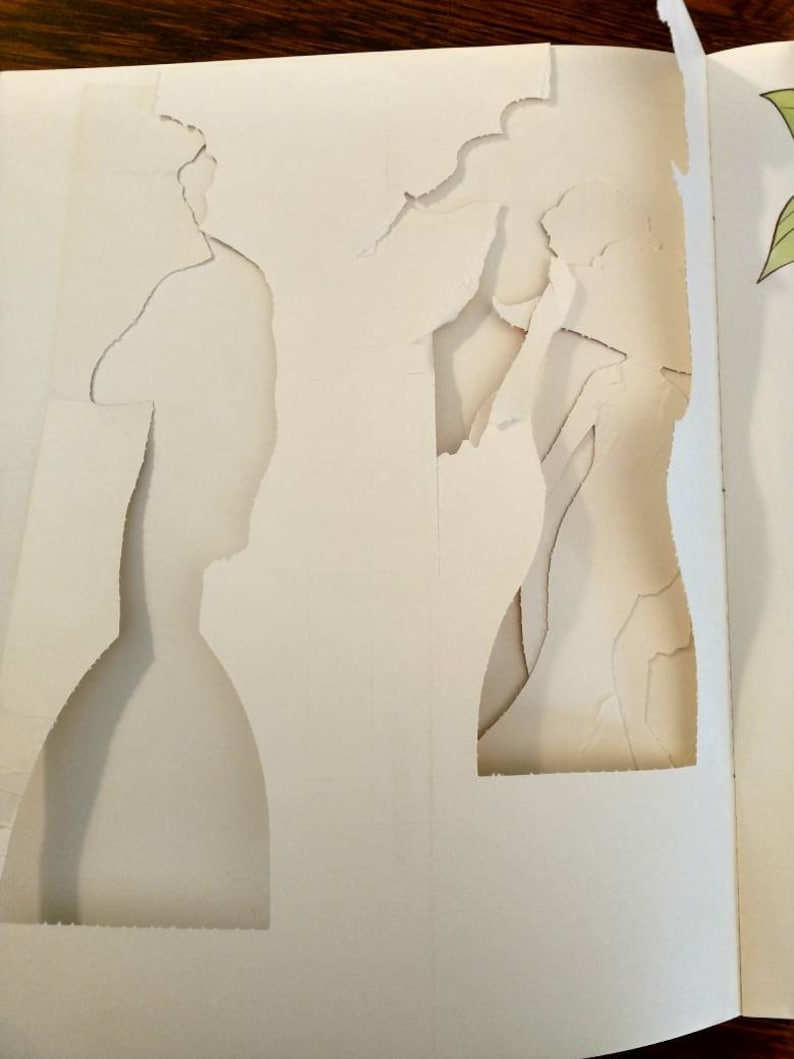 May include: A white book with two large holes cut out of the pages. The holes are shaped like people.