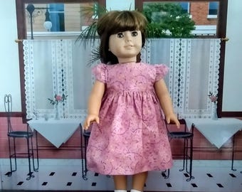 Mauve Floral Print cotton dress for American Girl Size Doll.   11500
