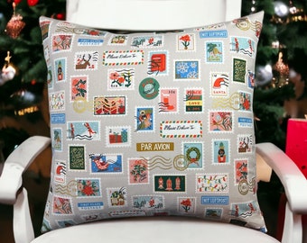 Rifle Paper Co Holiday Classics II - Holiday Stamps - Cream Canvas Fabric Pillow Cover