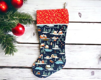 Rifle Paper Co Holiday Classics II - Holiday Village - Navy Fabric Christmas Stocking