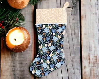 Rifle Paper Co Holiday Classics II Poinsettia Bouquet in Navy Metallic Fabric Christmas Stocking