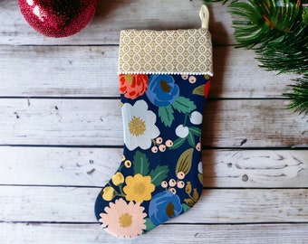 Rifle Paper Co Vintage Blossom Metallic in Blue Fabric Christmas Stocking