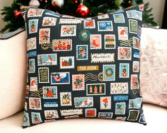 Rifle Paper Co Holiday Classics II - Holiday Stamps - Evergreen Canvas Fabric Pillow Cover
