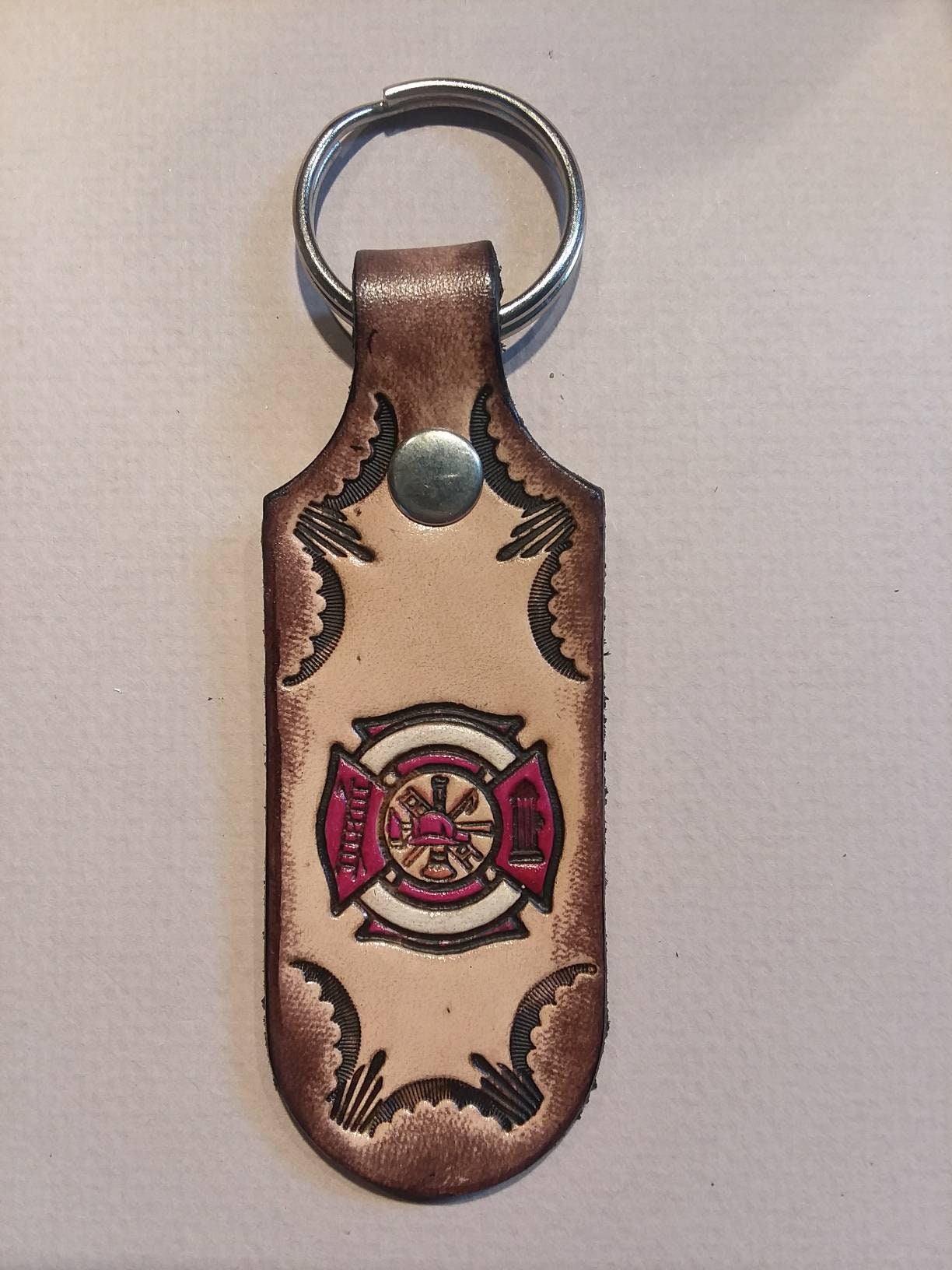 CustomLeatherCreations Fire Department Front Line Leather Key Clips - Handmade Leather Keychain Brown - USA Eagle