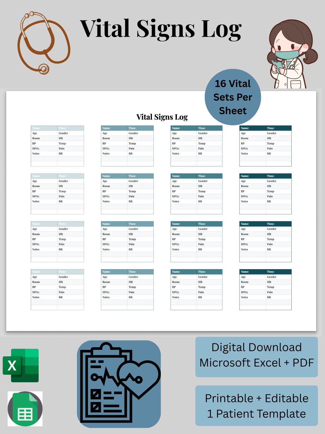 Printable Nurse Vital Signs Log, Editable Template (digital Download ...