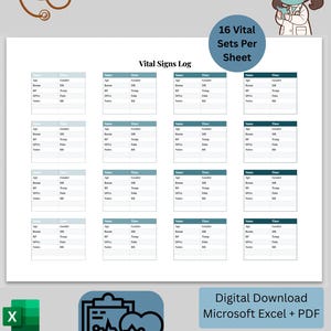 Può includere: Un modulo medico stampabile bianco intitolato "Vital Signs Log" con 16 set per foglio. Il modulo include sezioni per le informazioni sul paziente e i segni vitali. L'immagine include anche una grafica dello stetoscopio e il testo "Digital Download Microsoft Excel + PDF".