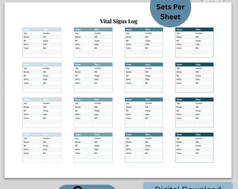 Druckbare Krankenschwester Vital Signs Log, bearbeitbare Vorlage (digitaler Download, PDF, Excel, Google Sheets)
