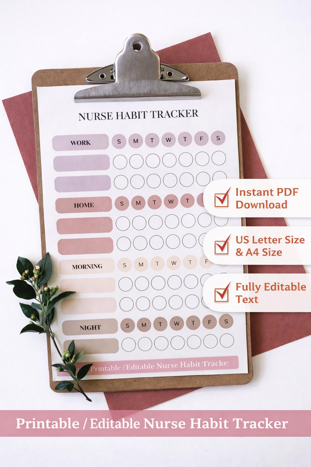 Nurse Habit Tracker Printable | RN Self Care Tracker | Nursing Student Routine Planner, Work ...