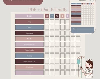 Krankenschwester Habit Tracker Druckbare PDF | Nursing Self Care Routine Checklist, Schichtplaner, Wellness Tracker, Nachtschicht Organizer, RN Digital