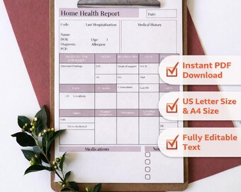 Krankenschwester zu Hause Gesundheit, Krankenschwester Gehirn, druckbare Krankenschwester Bericht, Patientenbesuch Notizen, Hauspflege RN (druckbar, digital, pdf, Canva, iPad)