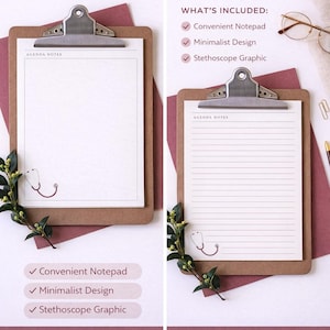 May include: Two clipboards with "Student Nurse Agenda" text. One has blank notes, the other lined. Both feature a stethoscope graphic and the text "Agenda Notes". The image includes the Etsy logo and text indicating the agenda is editable, for instant download, and print ready.