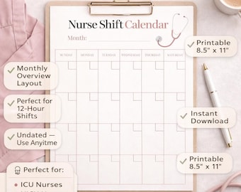 Nurse Schichtkalender 2026 Printable + Monatsplaner | Krankenschwester Jahresplaner | ICU ER Nurse Planer, sofortiger digitaler Download PDF