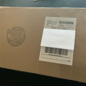 May include: A rectangular cardboard box with a shipping label and a logo. The box is light brown and sealed with clear tape. The shipping label is white with black text and a barcode. The logo is a circular design with a skull and the words "Mischief Goods".