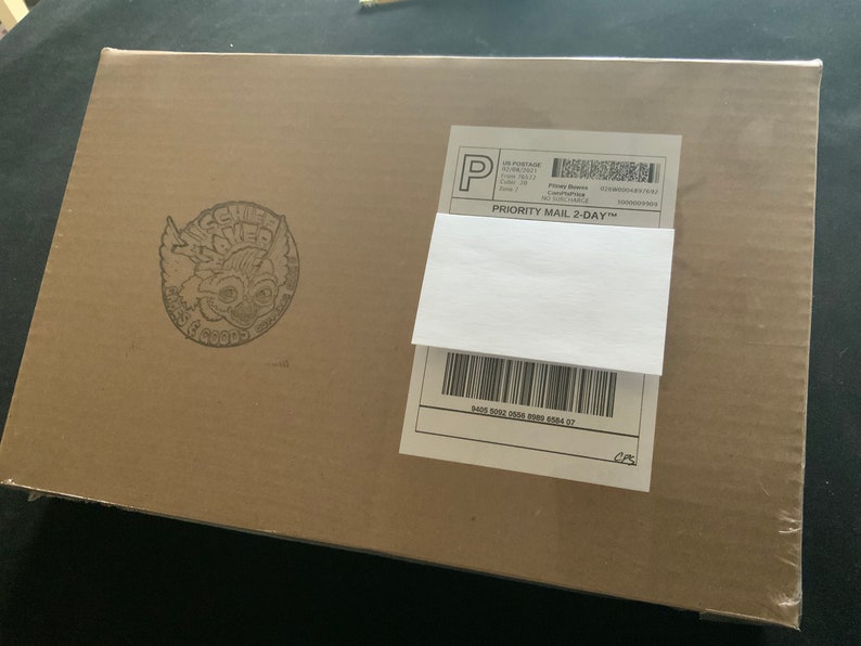 May include: A rectangular cardboard box with a shipping label and a logo. The box is light brown and sealed with clear tape. The shipping label is white with black text and a barcode. The logo is a circular design with a skull and the words "Mischief Goods".