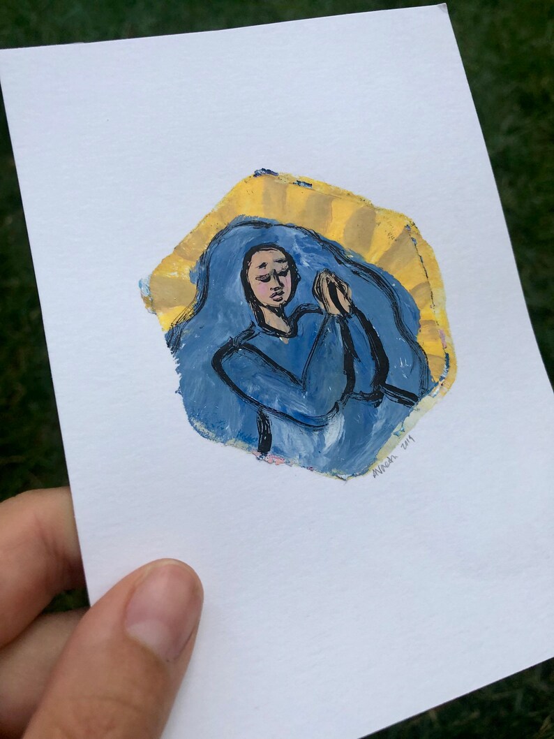 Mini Mary Monotype Virgin Mary Art Original Catholic Art Blessed Mother Painting,