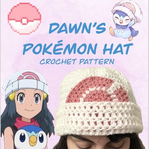 May include: A crochet hat pattern featuring Dawn from the Pokemon anime. The hat is white with a pink Pok&eacute; Ball design. The pattern includes instructions for crocheting the hat and the Pok&eacute; Ball design.
