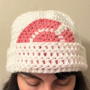 May include: White crocheted beanie with a pink and white crocheted design on the top.