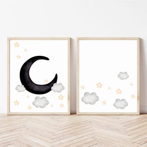 Moon nursery print Moon watercolor Moon nursery decor Moon and stars nursery wall decor Stars wall decor printable Stars and clouds wall art