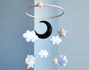 Baby mobile Moon and stars nursery decor Black and white imaginative mobile baby Star theme mobile Goth baby Black moon nursery mobile