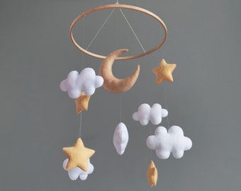 Imaginativo bebé móvil Luna y estrellas vivero móvil bebé regalo Boho bebé móvil neutral tonos tierra decoración de la guardería Cuna espacial móvil