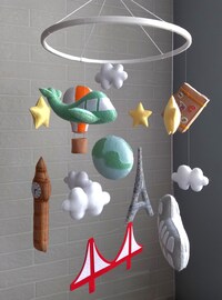 Travel nursery mobile. Adventure baby room decor. Baby boy girl crib mobile. Airplane, hot air balloon, mountain cot mobile. Musical mobile.