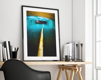 Abstract Photography Print "Turquoise Tunnel" // Vibrant City by Night Fine Art Poster | Unframed Urban Wall Art Print of Basel Switzerland