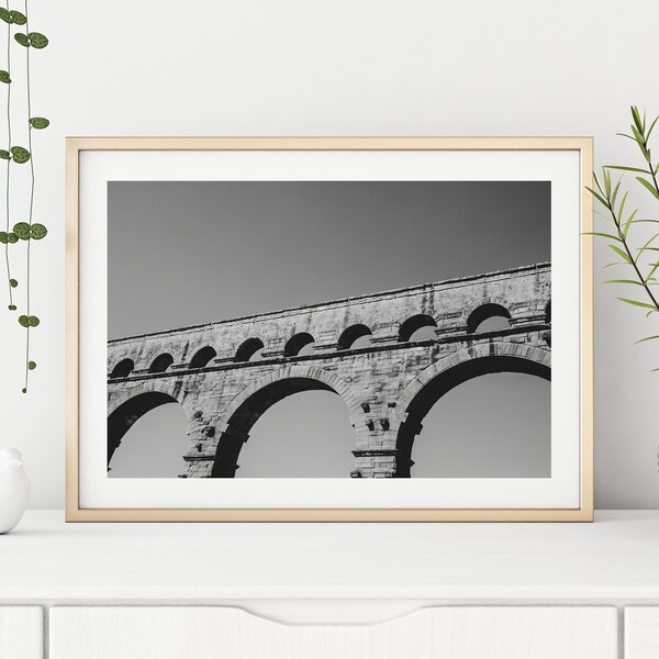 Bridge Photography Print « Pont Du Gard » // Monochrome France Voyage Photographie d’Art Poster | Impression d’art mural non encadrée Français Landmark