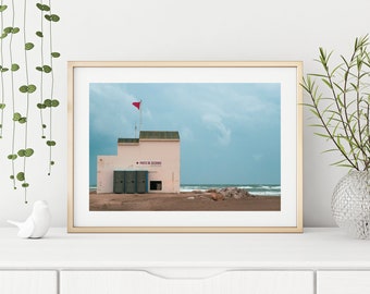 Mid-Century Photography Print &quot;Poste De Secours&quot; // Retro Beach Fine Art Poster | Unframed Pastel Ocean Wall Art Print from Camargue, France