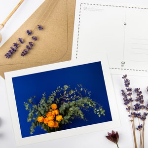 Postcard Set &quot;Flowers In Blue And Orange&quot; with recycled envelopes // Ecofriendly Birthday Card | Flower Fine Art Photo | Floral Stationery