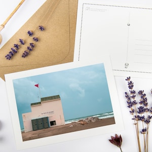 Set di cartoline "Poste De Secours" con buste riciclate // Carta d'arte retrò ecologica / Foto d'arte di spiaggia francese / Cancelleria pastello