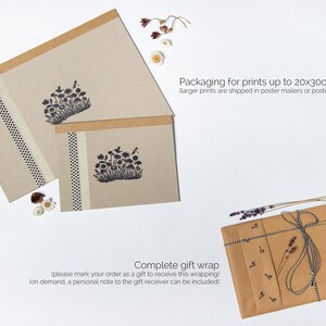 May include: Two brown paper envelopes with black and white polka dot tape and a floral design printed on them. The envelopes are packaged with a brown paper gift wrap and a black and white striped ribbon. The text on the envelopes reads "Packaging for prints up to 20x30cm (larger prints are shipped in poster mailers or poster boxes)" and "Complete gift wrap (please mark your order as a gift to receive this wrapping) (on demand, a personal note to the gift receiver can be included)".