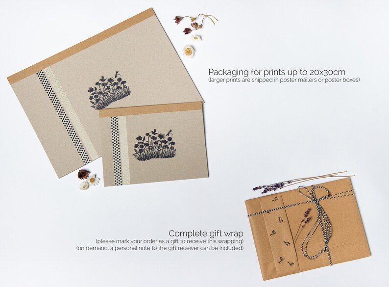 May include: Two brown paper envelopes with black and white polka dot tape and a floral design printed on them. The envelopes are packaged with a brown paper gift wrap and a black and white striped ribbon. The text on the envelopes reads "Packaging for prints up to 20x30cm (larger prints are shipped in poster mailers or poster boxes)" and "Complete gift wrap (please mark your order as a gift to receive this wrapping) (on demand, a personal note to the gift receiver can be included)".