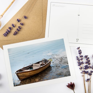 Set di cartoline "Lonely Boat" con buste riciclate // Biglietto di condoglianze con stampa artistica ecologica / Fotografia paesaggistica d'arte / Cancelleria del lago