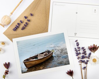 Postcard Set "Lonely Boat" with recycled envelopes // Ecofriendly Art Print Sympathy Card | Landscape Fine Art Photography | Lake Stationery
