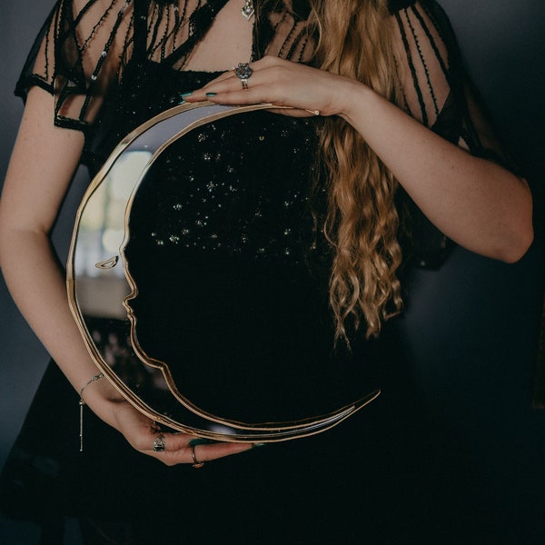 Miroir lune - Argent et or, croissant de lune céleste, décoration