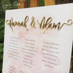 Op de afbeelding: Een zitplaatskaart voor een bruiloft met een roze aquarel achtergrond. De namen "Hannah & Adam" staan in gouden letters bovenaan de kaart. De kaart vermeldt de namen van de gasten onder verschillende tafelnamen, waaronder "Gallica", "Portland", "China", "Noisette" en "Bourbon".