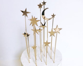 Winter solstice cake topper, Winter solstice decor, gold party decor, star cake topper, moon and star cake decoration, star cake decoration