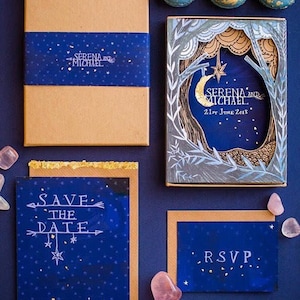 Moon wedding stationery, boxed wedding stationery, bohemian wedding, luxe wedding, lasercut wedding stationery, celestial wedding, star