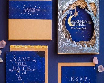 Moon wedding stationery, boxed wedding stationery, bohemian wedding, luxe wedding, lasercut wedding stationery, celestial wedding, star