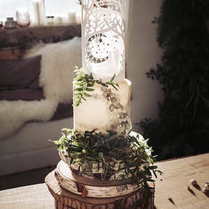 Decorazione per torta celeste, decorazione per torta in carta tagliata al laser, decorazione per torta con tema bosco, luna, matrimonio boho, matrimonio pagano