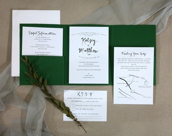 Forest green wedding invitation, green wedding, pocket fold invitation, pocketfold, green wedding stationery, emerald green, save the date