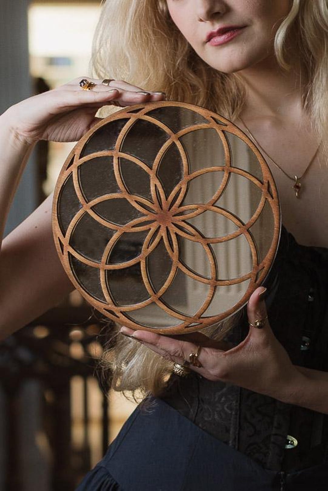 Flower of Life Mirrored Wall Art – Sacred Geometry Oak Plywood