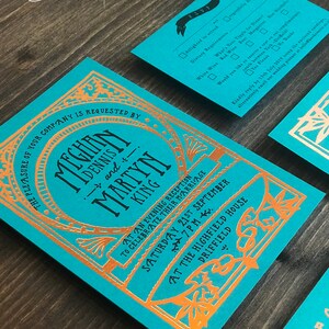 Art deco style bright foiled wedding invitation, Any colour, foiled wedding stationery, rsvp card, teal wedding, hot foiled, copper foil