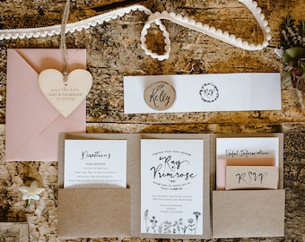 Personalised Garden Wedding Invitation & Save the Dates |  Rustic Pocket Fold